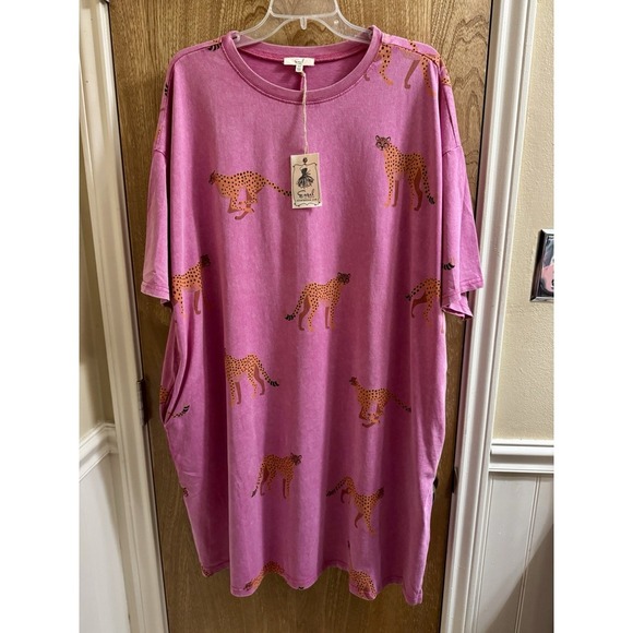 NEW Easel Mineral Wash Pink Cheetah T-shirt Shift Dress Pockets 2X New With Tags - Picture 2 of 13